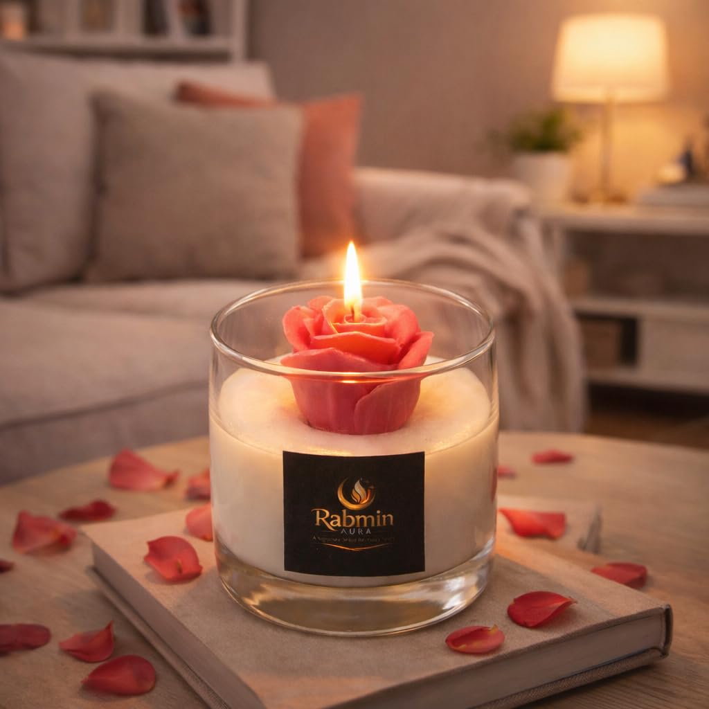 RABMIN AURA Rose Flower Scented Candle, Handmade, Glass Jar, Romantic Home Décor & Gift
