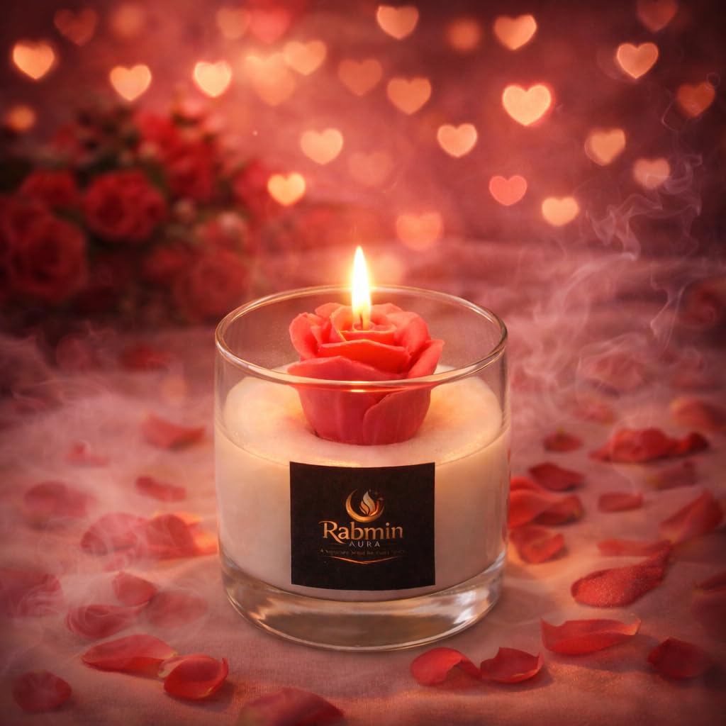 RABMIN AURA Rose Flower Scented Candle, Handmade, Glass Jar, Romantic Home Décor & Gift