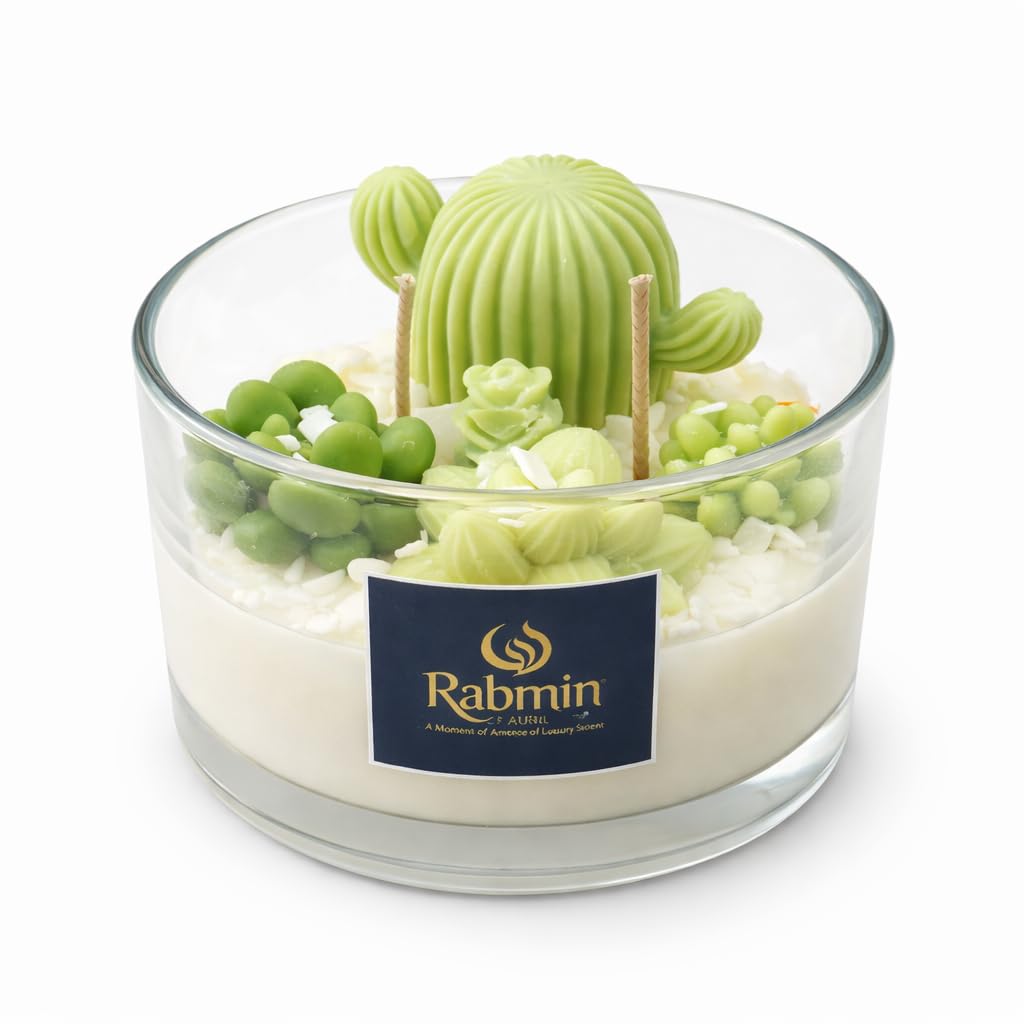 Rabmin Aura Luxury Cactus Garden Candle – Artisan Succulent Soy Wax Candle in Elegant Glass Jar, Long Lasting Clean Burn Home Fragrance Décor