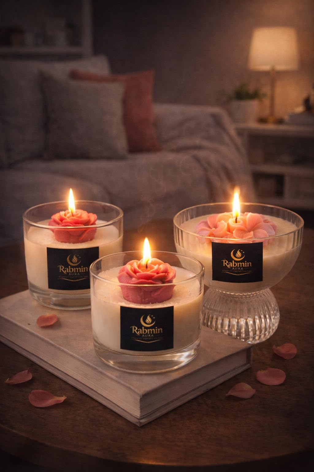 RABMIN AURA Rose Soy Wax Candle – Luxury Glass Pedestal Bowl – Romantic Scented Home Décor Gift – Long Lasting Clean Burn
