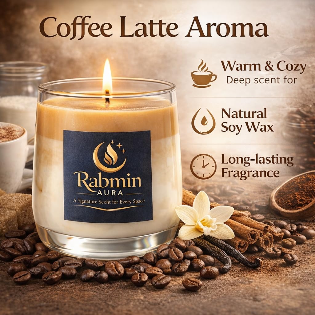 Rabmin Aura Premium Coffee Latte Scented Soy Candle – Long Lasting Handmade Natural Candle, Luxury Home Fragrance & Gift