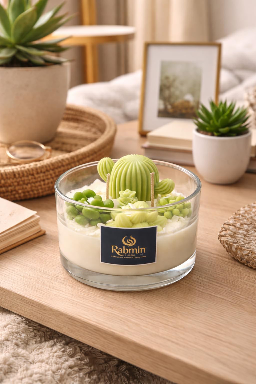 Rabmin Aura Luxury Cactus Garden Candle – Artisan Succulent Soy Wax Candle in Elegant Glass Jar, Long Lasting Clean Burn Home Fragrance Décor